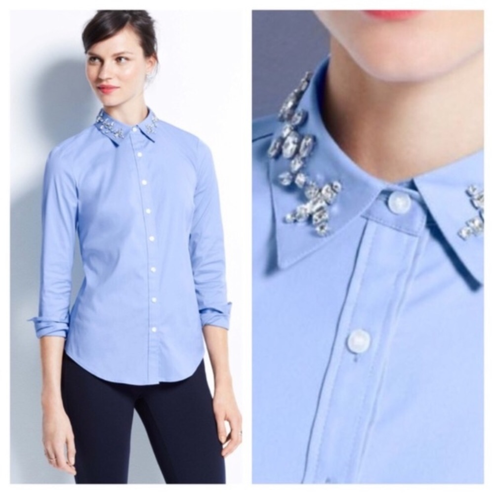 Ann Taylor Blue Bejeweled collar button down size 12  embellished collar